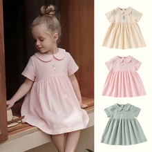 女童绣花连体裙夏季2026新款儿童纯棉短袖娃娃领裙子女宝宝公主裙