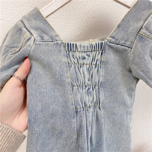 Little Girl Korean Version Popstar Denim Short Sleeve Dress 2024 New Summer Outfit Baby Kids Fashion Bubblesleeve Skirt