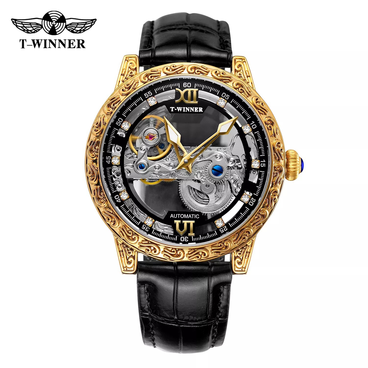 Ganador de estilo europeo de los hombres de moda retro tallado de ocio hueco movimiento mecánico reloj mecánico automático