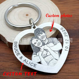 跨境热卖照片钥匙扣不锈钢DIY爱心彩色图片狗狗猫咪纪念礼物直销