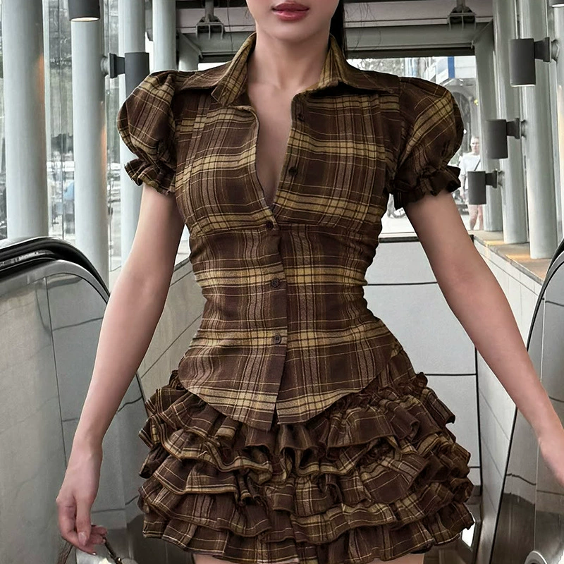 Внешняя торговля ретро-академическая клетка с узором на талии с отворотом и рукавами рубашка с пузырьками