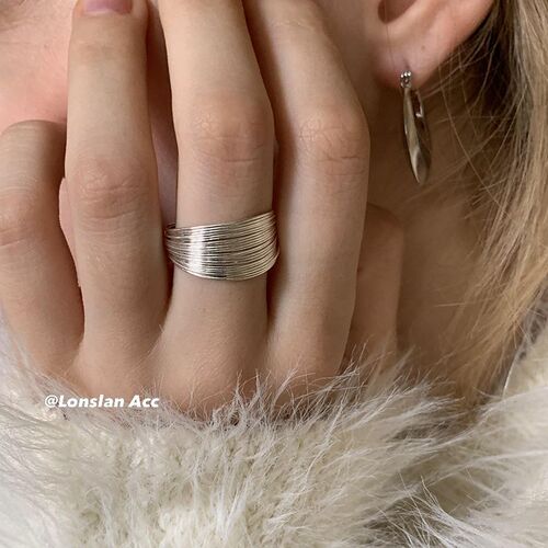 LONSLAN ACC design multi-layered braided open index finger metallic silver ring adjustable