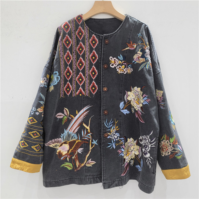 Chaqueta de Mezclilla Desgastada con Bordado, Corte Holgado, para Otoño