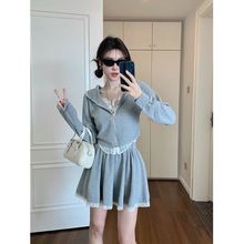 蕾丝拼接连帽短款卫衣外套女秋冬休闲套装a字半身裤裙灰色两件套