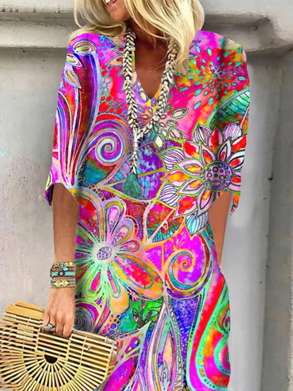 Spring 2025 New Amazon European and American Cross-border Fashion Loose Printed V-Neck dress Women's Wear