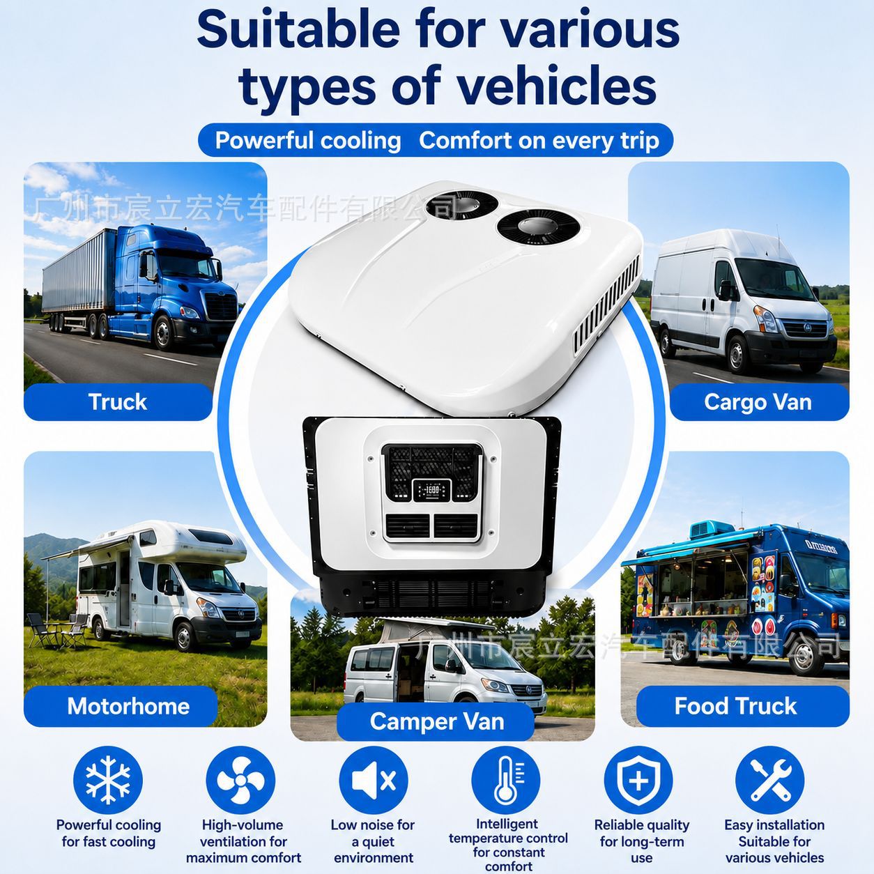 Direct manufacturer of North and South American parking air conditioners, integrated 12V/24V electric air conditioners for trucks, RVs, and food trucks