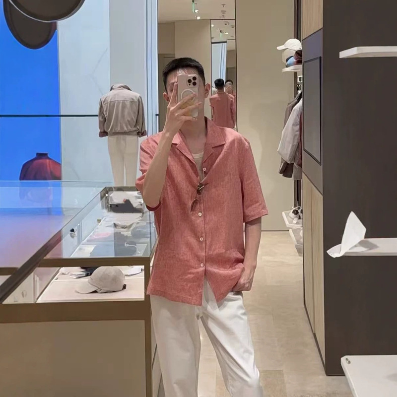 New Old Money Cuban Collar BC Style 100% Pure Two-Tone Linen Shirt Business Short Sleeve Summer Men's Fashion New Old Money Cuban Collar BC Style 100% Pure Two-Tone Linen Shirt Business Short Sleeve Summer Men's Fashion