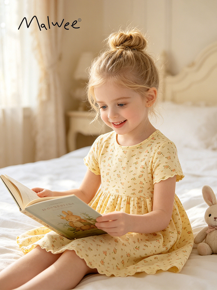 Malwee transfronterizo vestido de verano de niñas vestido lindo impresión de cuello redondo para niños europeos y estadounidenses suave estilo de piel