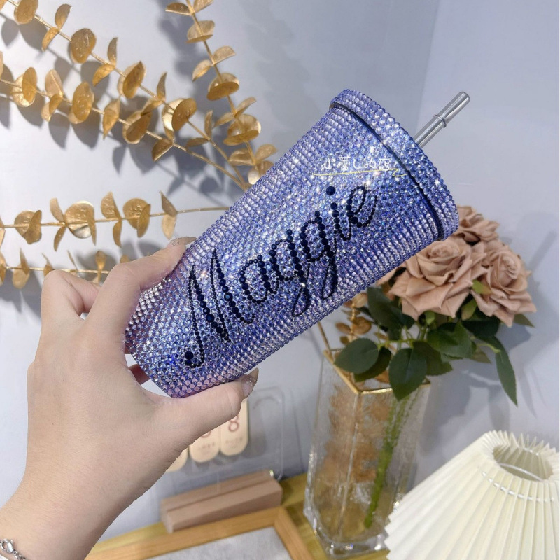 Manufacturers Children's Straw Cup Office Household Beverage Juice Coffee Cup Internet Celebrity Hand Cup Double Layer Plastic Sticking Drill Cup