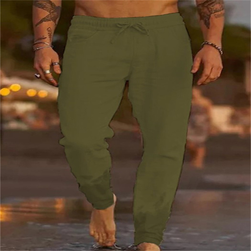 Nuovi pantaloni casual da spiaggia larghi in lino di cotone tinta unita con coulisse_voghion.com