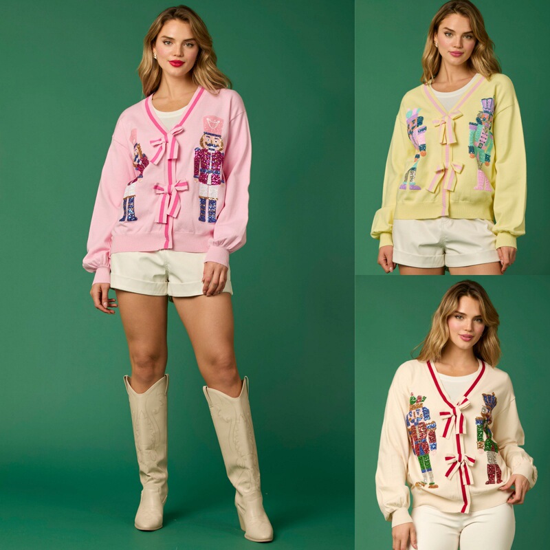 Amazon Autumn and Winter New Cross-border European and American Christmas Nutcracker Sequin Bow Lace Sweater Cardigan Women