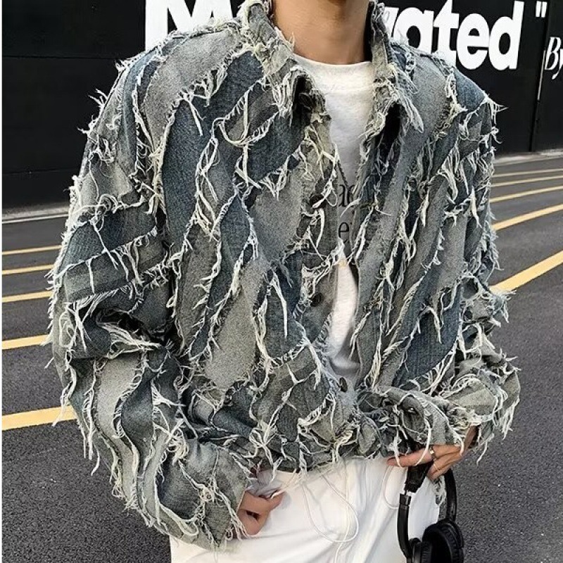 국경 간 가을 틈새 프린지 태슬 디자인 센스 패션 데님 재킷 남자 튀김 거리 인터넷 연예인 하이 엔드 센스 재킷 패션