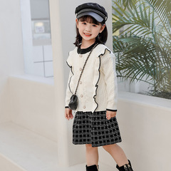 女童小香風針織單排圓領毛衣格子百褶裙兩件套裝女童開衫短裙套裝