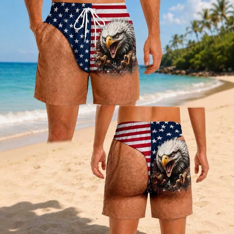 Amazon Men's Funny Two-in-One Beach Shorts with Eagle Flag and Simulated Body Hair Print, Casual Vacation Shorts Amazon Men's Funny Two-in-One Beach Shorts with Eagle Flag and Simulated Body Hair Print, Casual Vacation Shorts