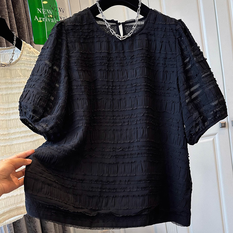 2026 Summer New Style Plus-Size French Pleated Puff Sleeve Short-Sleeve T-Shirt for Women, Fashionable and Versatile, Stylish Three-Quarter Sleeve Top