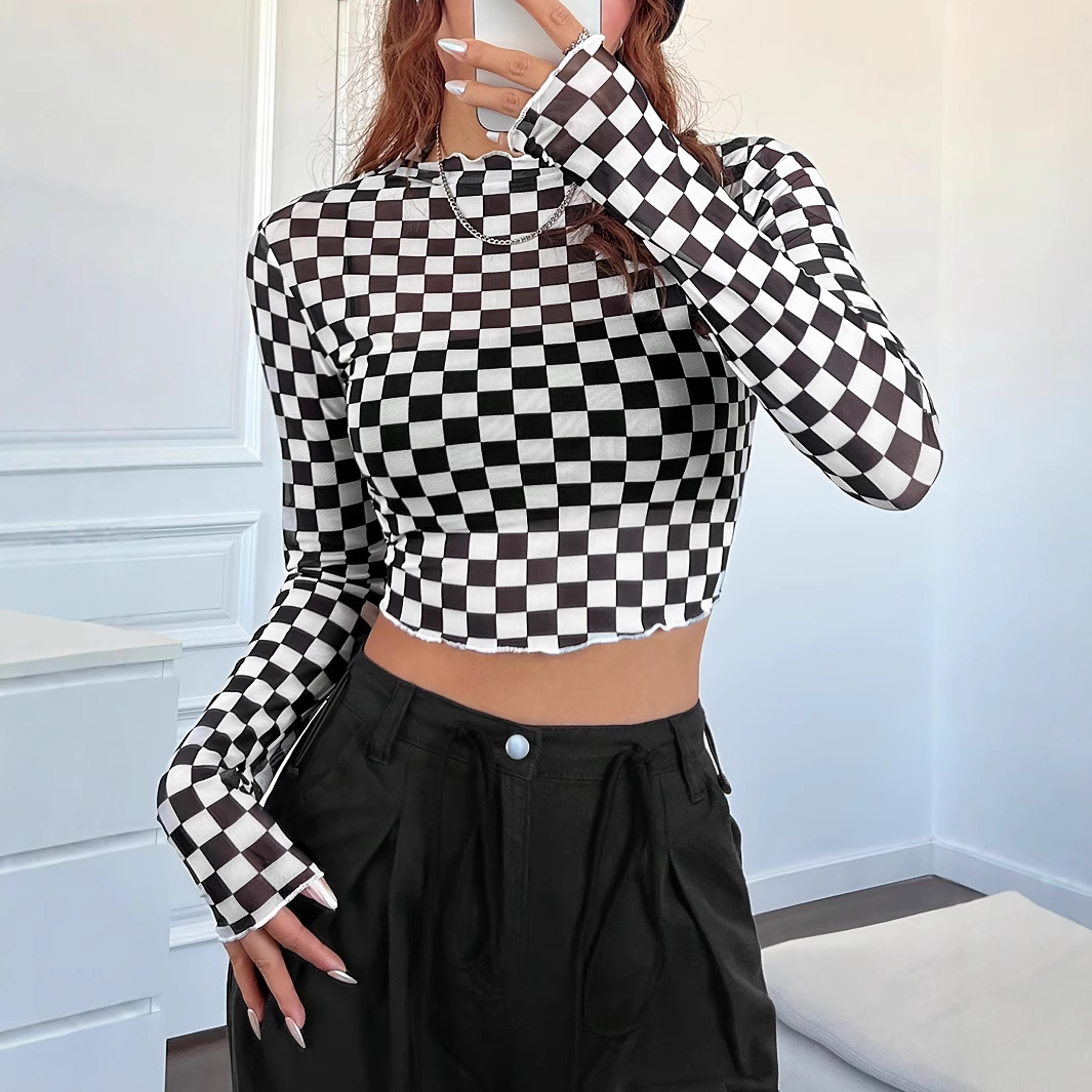 2025년 새 버전 메쉬 체커보드 티셔츠 여성용 봄, 가을 슬림핏 하프 터틀넥 긴팔 풀오버 셔츠