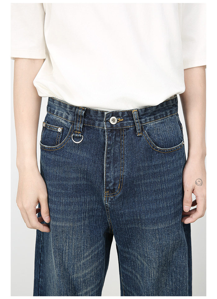 Quần jean nam ống rộng ống đứng phong cách Hàn, cạp vừa, denim cotton thoáng mát — Màu xanh lam, Đen xám chi tiết 11