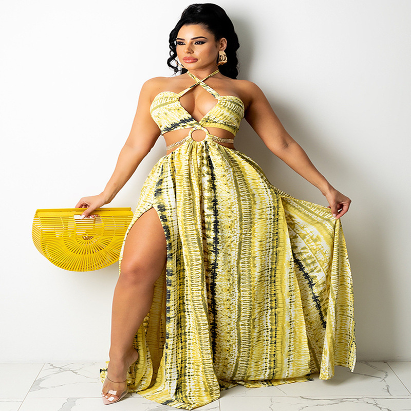 2025 Amazon Cross-Border Summer New European and American Clothing Printed Sexy Halterneck Backless Dress Plus Size Long Skirt