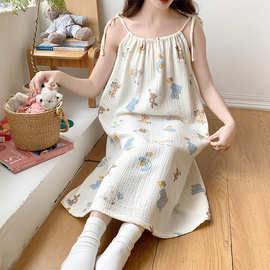 可爱可外穿甜美吊带睡裙女绉布睡衣家居服中长款性感双层纱布纯棉