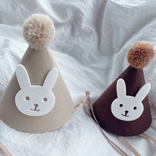 ins生肖兔兔儿童宝宝生日满月周岁百天卡通兔子毛毡小尖派对帽