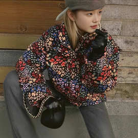 跨境女装2024冬新款欧美时尚休闲大码宽松印花立领棉服棉衣外套女