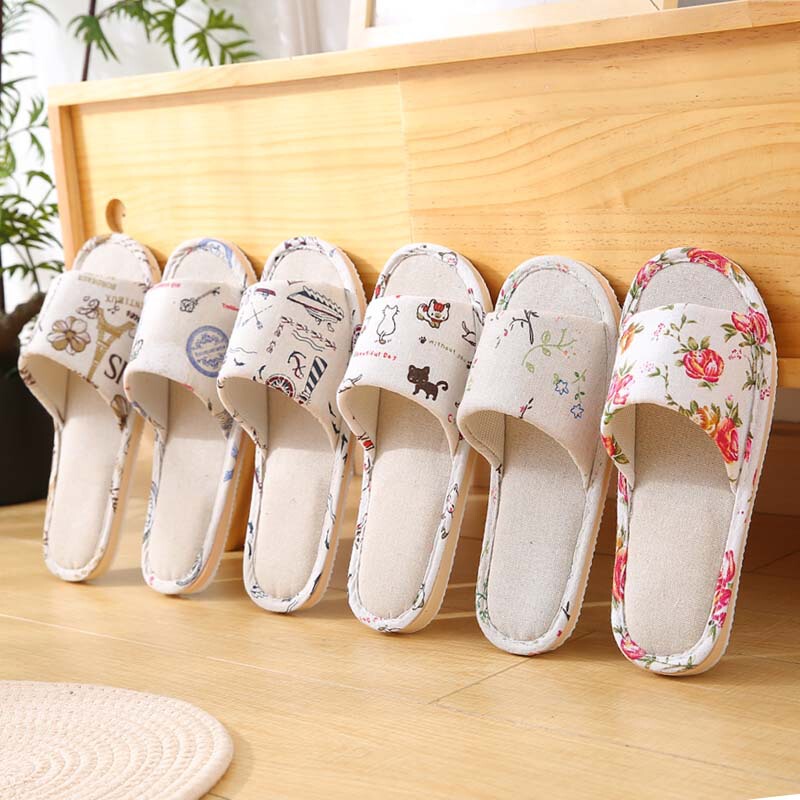 Summer Hotel and Guesthouse Women's Linen Slippers with Pastoral Print, Indoor Non-Slip Wooden Floor Eva Couple's Linen Slippers Summer Hotel and Guesthouse Women's Linen Slippers with Pastoral Print, Indoor Non-Slip Wooden Floor Eva Couple's Linen Slippers