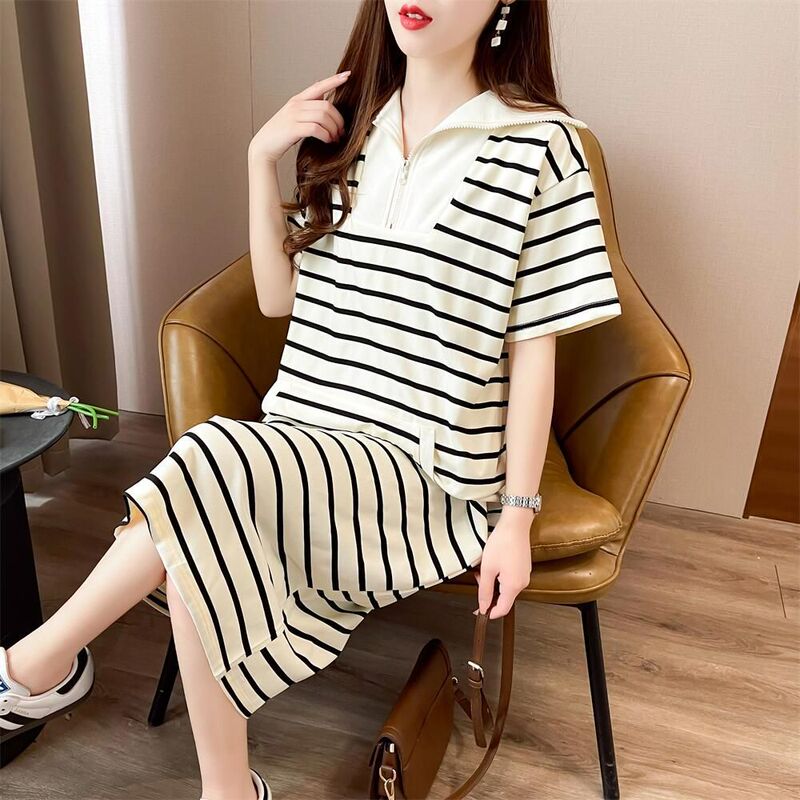 Plus Size Women's Summer New Fat mm Stripesd Short-Sleeved Dress Women's Loose Lazy Style Straight Long T-Shirt Skirt