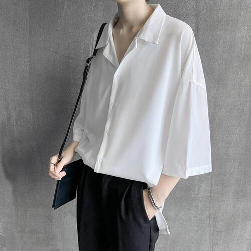 Front-Opening Collar Suit Shirt for Men, Korean Style Trendy Loose Seven-Sleeve Top, Hong Kong Style Thin Short Sleeve Blouse, Cool and Suave Short Sleeve Shirt