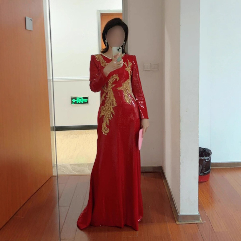 Red Sequined Host Dress, Dignified and Elegant Student Folk Song Chorus Performance Dress, Long-Sleeved Autumn and Winter High-End Sense