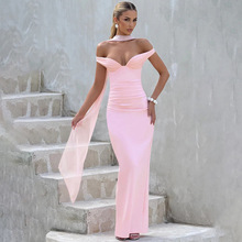 欧美亚马逊2025夏气质包臀裙性感时尚修身显瘦网纱飘带抹胸连衣裙