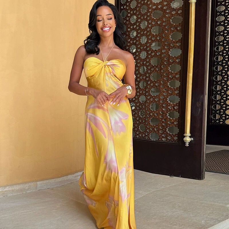 2026 New Resort Beach Dress European and American Style Printed Backless Dress Sleeveless Strapless Beach Dress