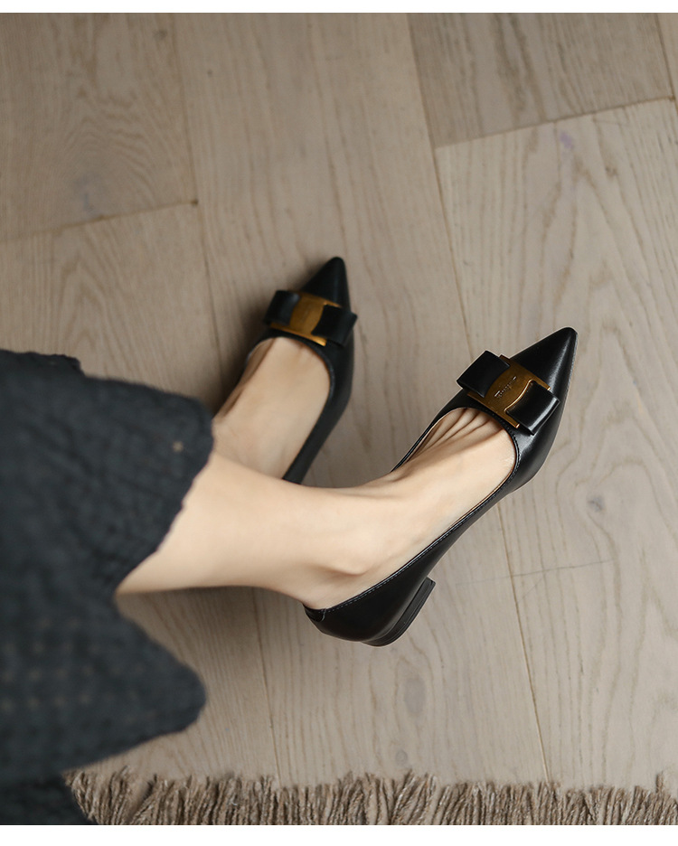 2022 primavera y otoño nuevo botón de metal retro arco de cabeza de punta superficial zapatos de mujer zapatos planos para mujeres 862 - 8