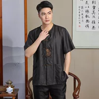 Винтажный костюм Тан в китайском стиле, Летняя шелковая рубашка Xiangyun с круглым вырезом и короткими рукавами, шелковая мужская одежда с пряжкой для папы