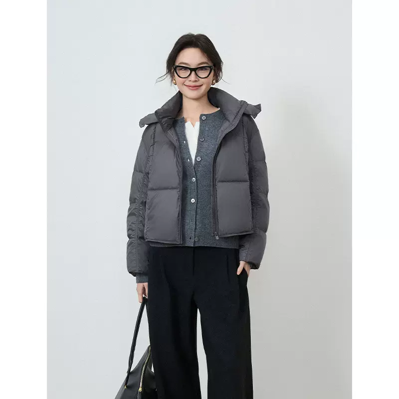 荣太小个子短款白鸭绒羽绒服女2024冬季立领连帽保暖厚外套面包服