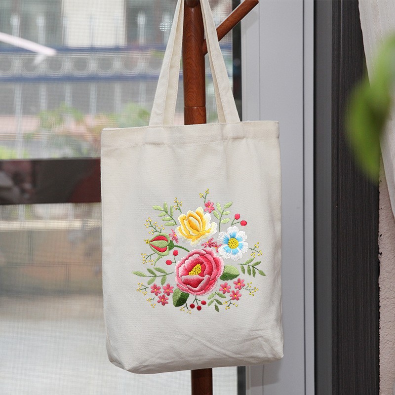 Hecho a mano DIY cinta bordada bolsa de lona Lu bordado solo hombro bolso tridimensional bordado flor lienzo mujer bolsa grande