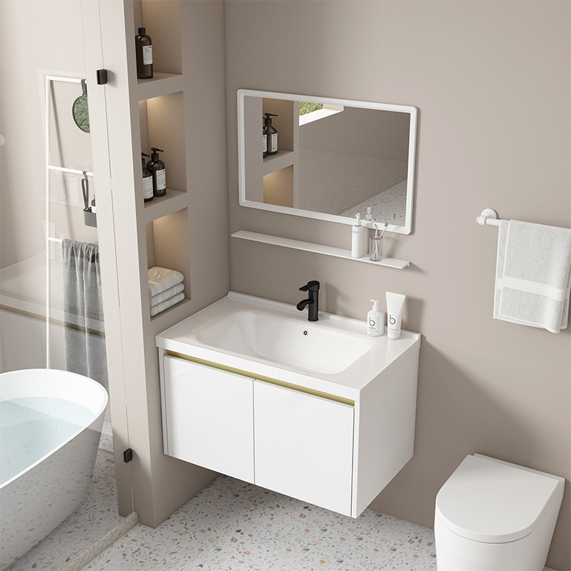 Blanco simple gabinete colgante integrado lavabo de cerámica lavabo de baño Combinación de gabinete de baño de aluminio espacial Luz de lujo