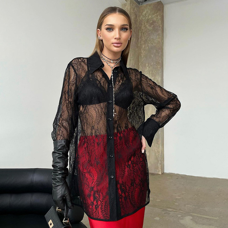 2026 Spring See-Through Black Sexy Lace Shirt for Women, Lightweight Long-Sleeve Outerwear, Mid-Length European and American Style Women's Clothing