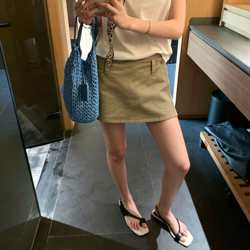 Functional Bella Multi-Wear Khaki Mini Cargo Skirt Pants for Women, Size 26, Summer Faux Two-Piece Washed Faded Shorts