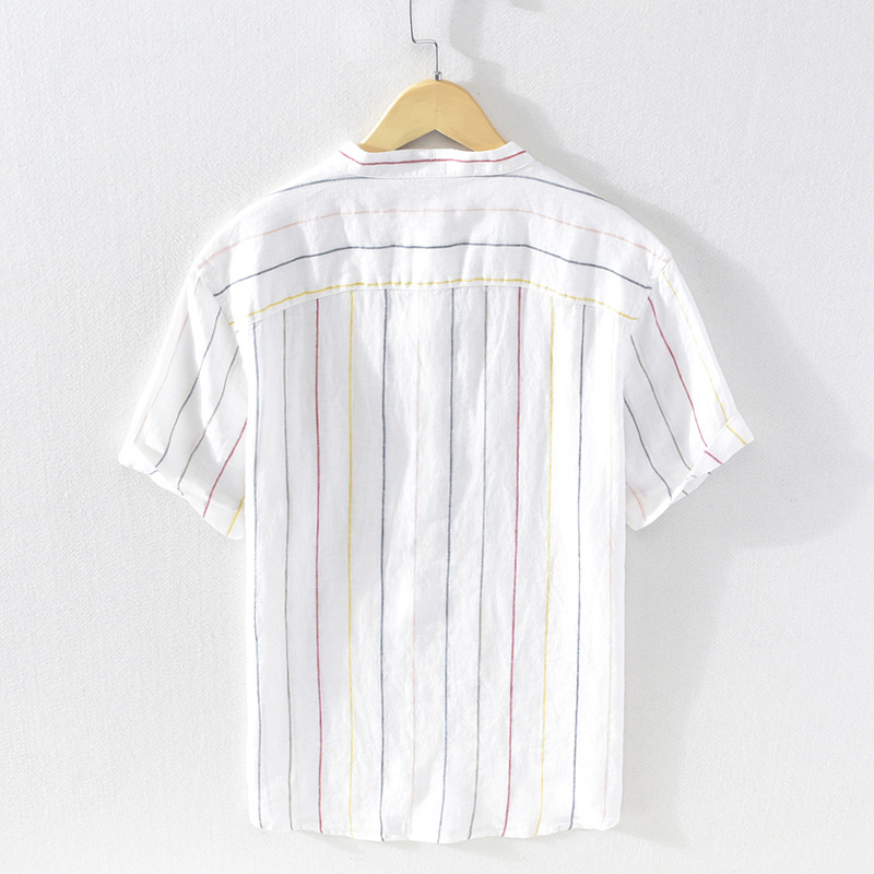Nuova camicia a maniche corte a righe in lino per giacca casual estiva da uomo con colletto rialzato cinese_voghion.com