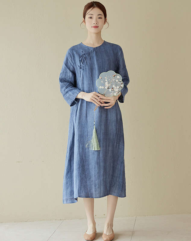 2023 Spring/Summer New Chinese Style Linen Tie-Dye Wrinkle Dress Loose Tea Dress Three-Quarter Sleeve Women's Robe 2023 Spring/Summer New Chinese Style Linen Tie-Dye Wrinkle Dress Loose Tea Dress Three-Quarter Sleeve Women's Robe