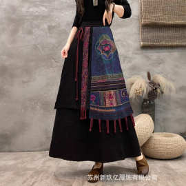 2025新款民族风复古棉麻提花半身裙拼接重工刺绣流苏宽松A字裙女