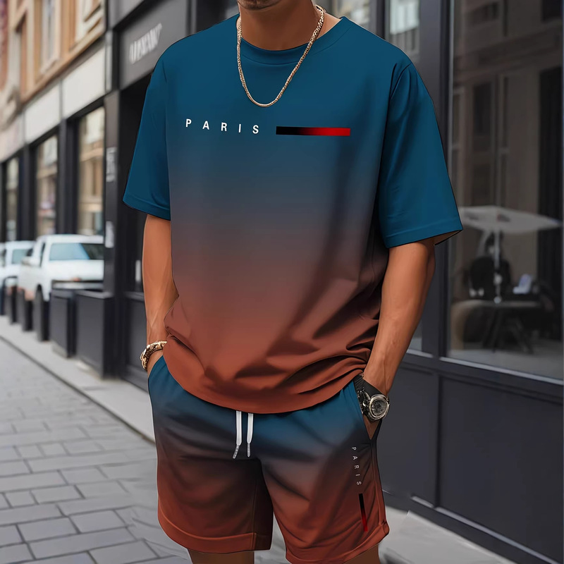26 Cross-Border New Style 3D Digital Printing Gradient Letter Short-Sleeved T-Shirt Summer Men's Casual Sports Suit