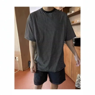 外贸条纹撞色短袖T恤男夏季薄款复古痞帅宽松休闲松弛感半袖上衣