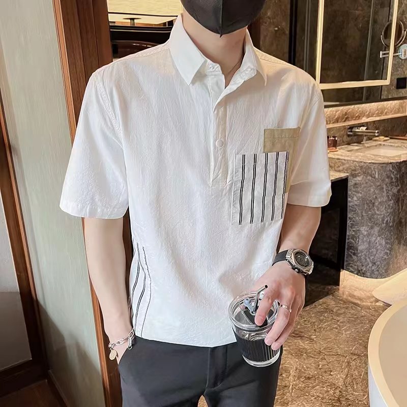2024 costura a rayas personalidad estilo británico camisa POLO de manga corta camiseta de hombre otoño camiseta de hombre americano joven