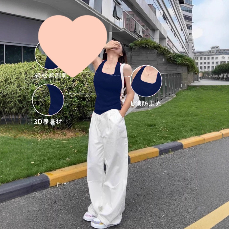 藏青色挂脖吊带带胸垫背心女夏外穿遮副乳露背小上衣美背辣妹穿搭|undefined