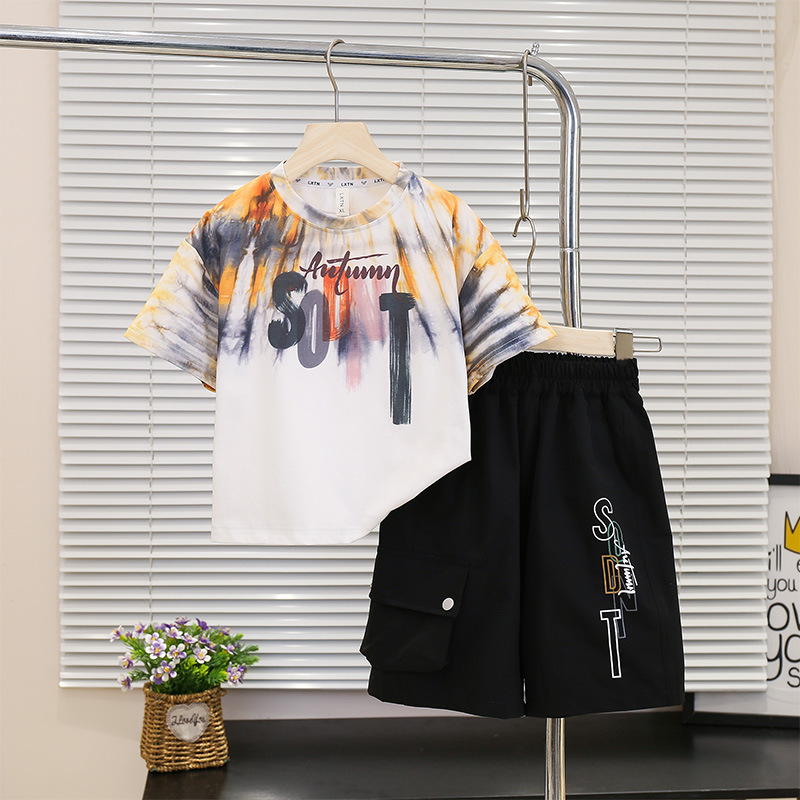 7259 Traje de manga corta para niños y niños 2025 verano nuevo estilo bebé camiseta de manga corta ropa para niños pequeños y medianos