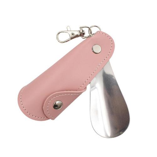 Metal leather shoehorn with leather case, unisex shoe lift, mini portable hook-and-buckle shoe pump