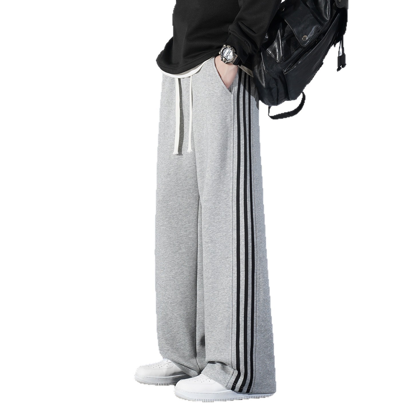 Transfronterizo de moda deportiva americana con pantalones de terciopelo, pantalones casuales rectos sueltos, primavera, otoño y invierno, pantalones grises de tres tiras image 6