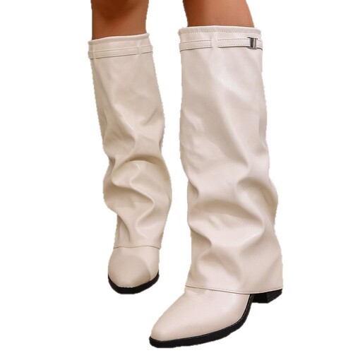 2025 Pleated High Heel Fashion Boots Rough Heel Plus Size British Style High Cylinder Pants Boots for Women Wish