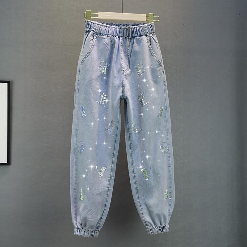 Jeans Women's Trendy 2024 Summer New Arrival plus size Europe Station Loose Slimming Elasticated Waist Color Hot Rhinestone Tuff Pants